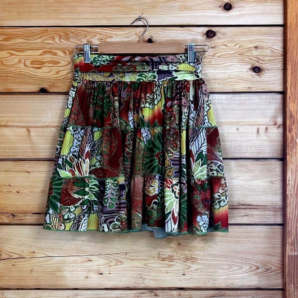 Vintage Mini Skirt Women Large Green Yellow Floral Boho Amy's Closet Rare Unique